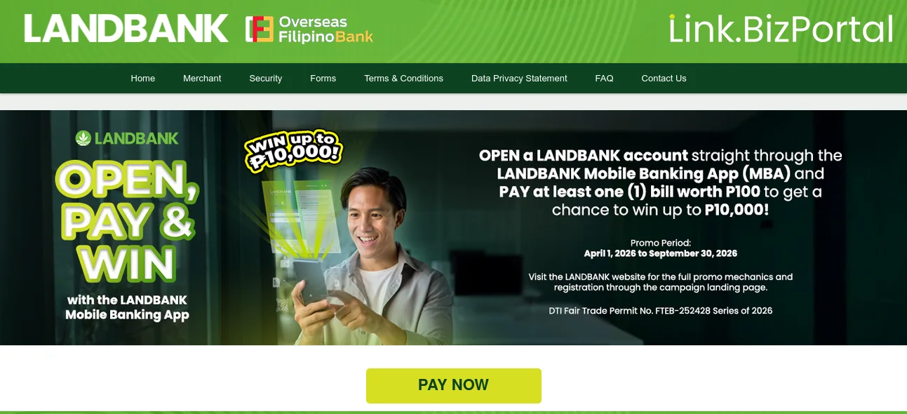 LANDBANK Link.BizPortal home page with the Pay Now button