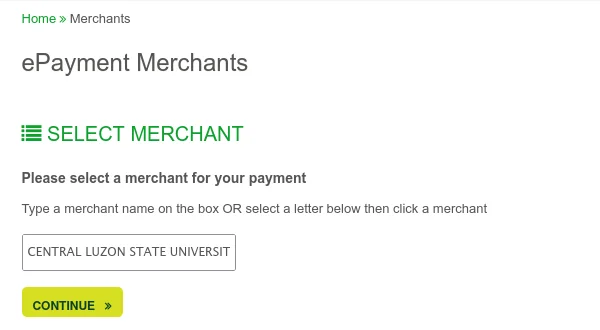 ePayment Merchants page with Central Luzon State University typed in the merchant box