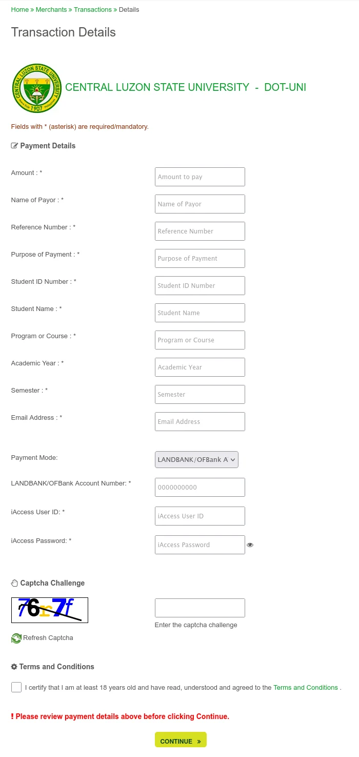 Transaction Details form with the payment, student and account fields